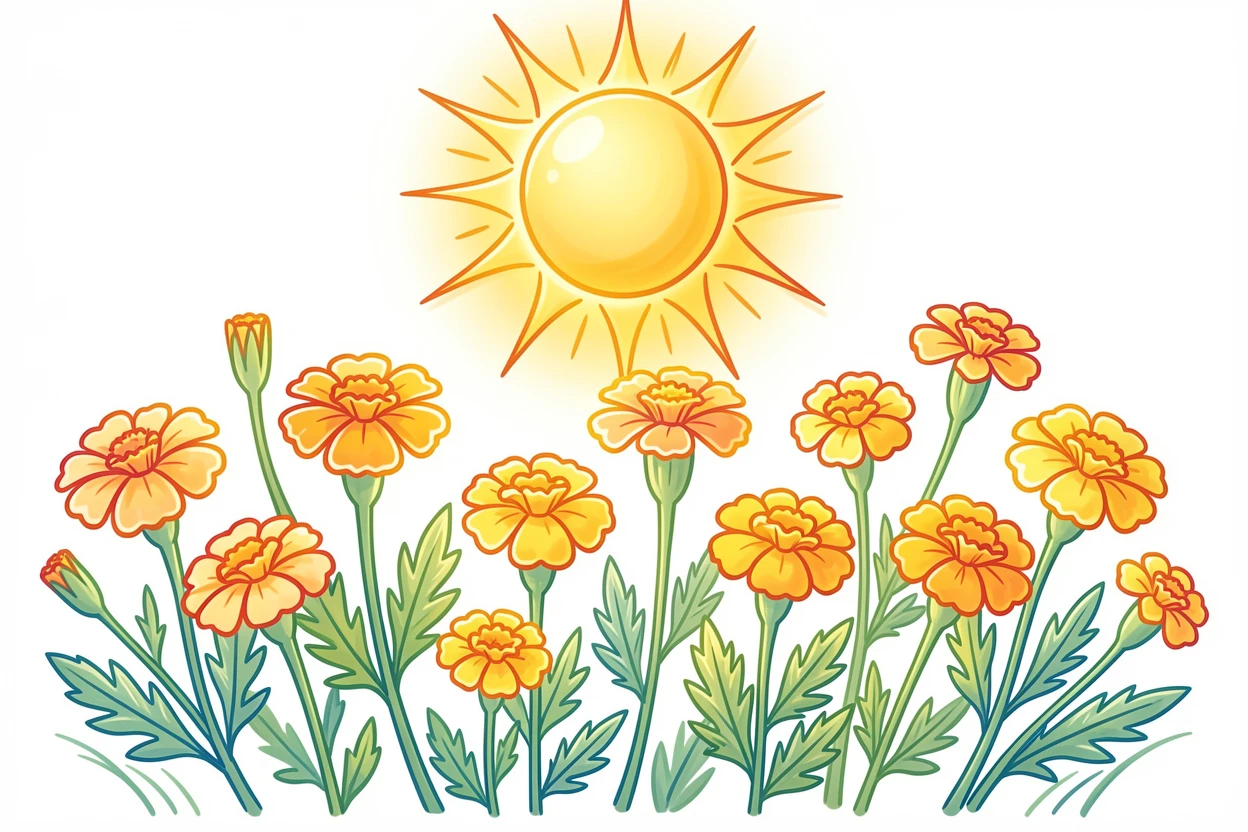A field of wild marigolds glowing brightly beneath a golden afternoon sun.