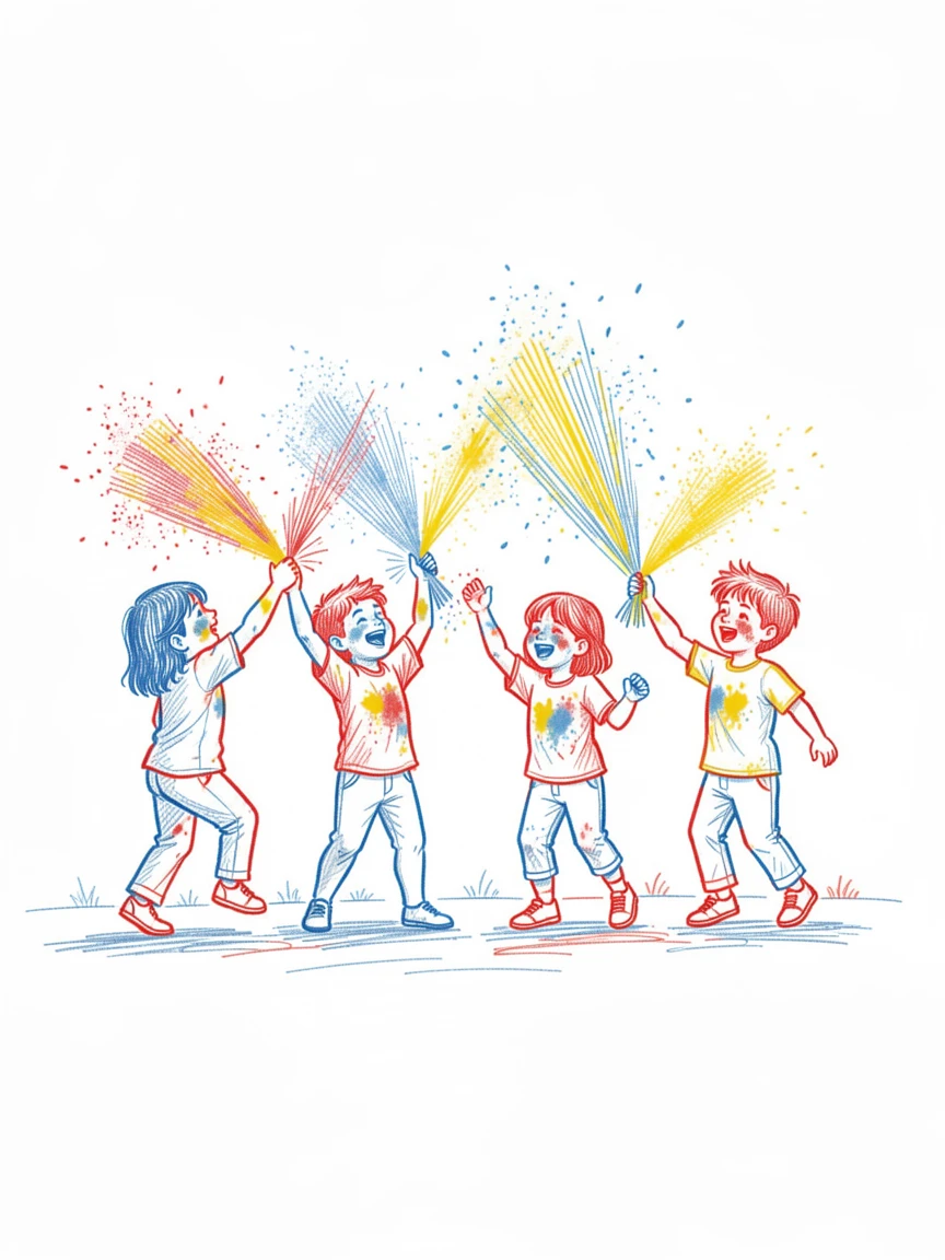 A colorful Holi celebration with children throwing handfuls of bright powder