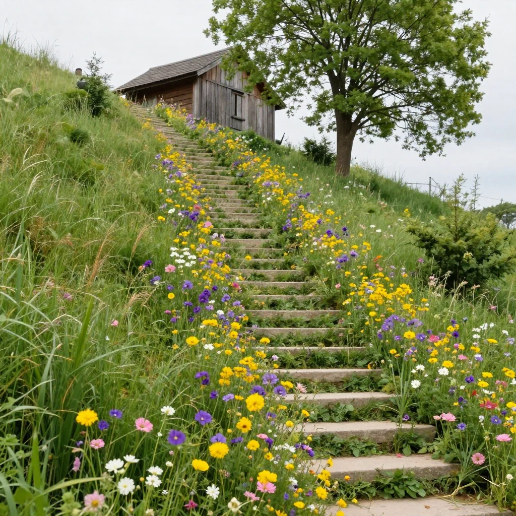 A staircase of wildflowers spirals up a hillside toward a solitary cottage.