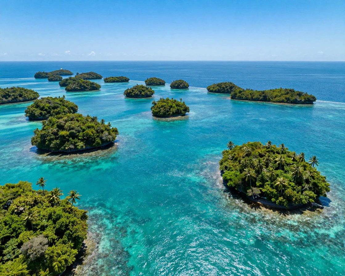 A chain of small islands scattered across turquoise water beneath a blazing midday sun