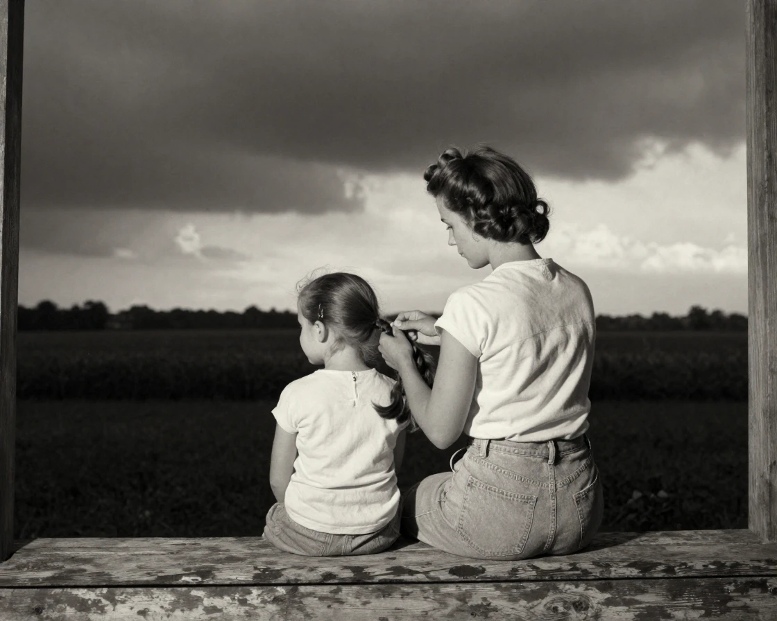 A young mother braiding her daughter's hair on a porch step, under soft golden-hour light, under a darkening storm sky, in the height of summer, with stark black-and-white contrast softened by a single warm hue, from behind, looking toward the horizon.