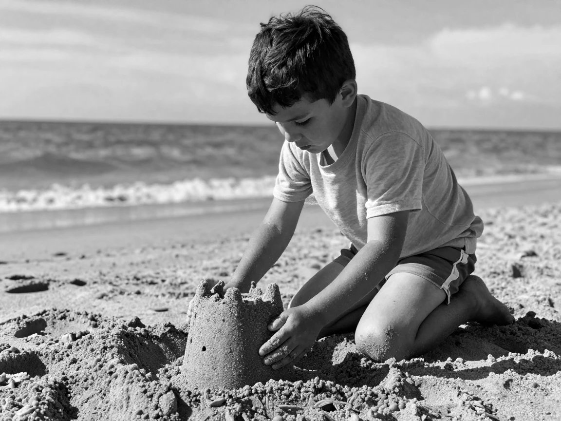 A little boy builds a sandcastle with careful hands at a sandy beach.