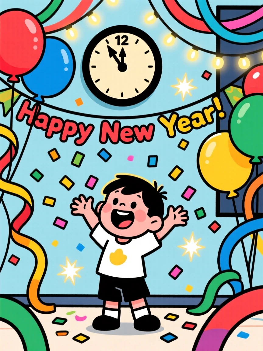 A festive celebration scene of a small child throwing confetti in the air at midnight, surrounded by colorful decorations and streamers.