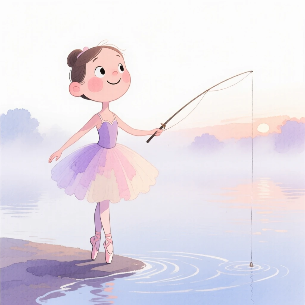 A ballet dancer casting a line into a misty lake at dawn
