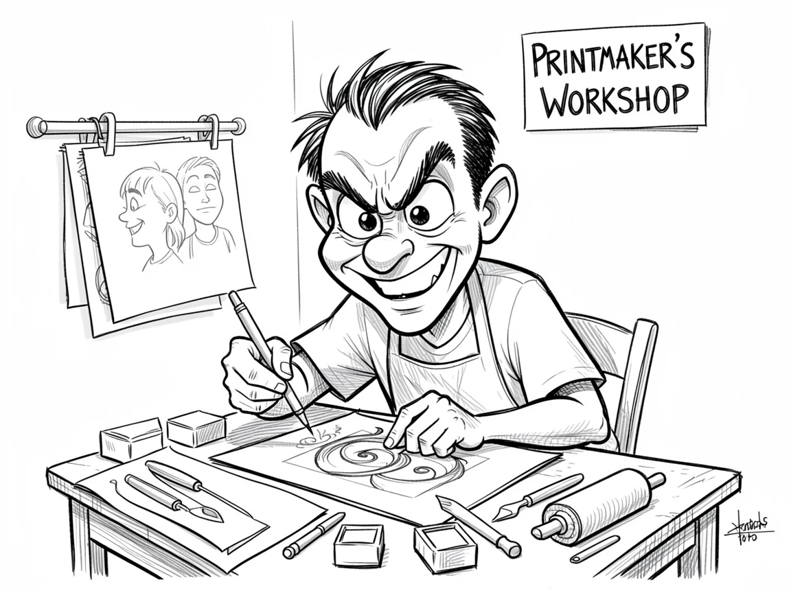 [Occupations & Hobbies] Detailed scene of an enthusiastic printmaker sketching out a new design, showcasing skill and dedication
