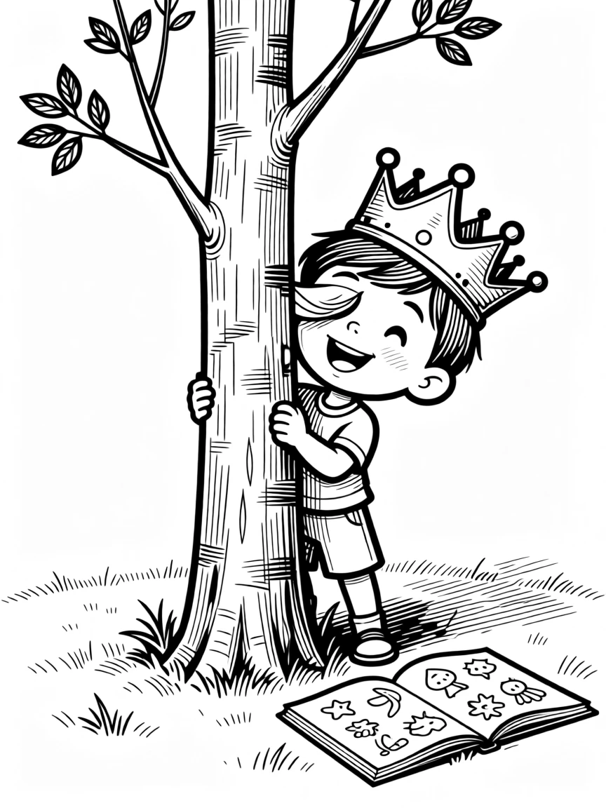 A child hiding poorly behind a too-small tree, tilting the crown that keeps slipping over one eye, set in a backyard with exactly one skinny sapling. A half-finished coloring book lies open on the floor. It's a burst of pure, unfiltered childhood joy.