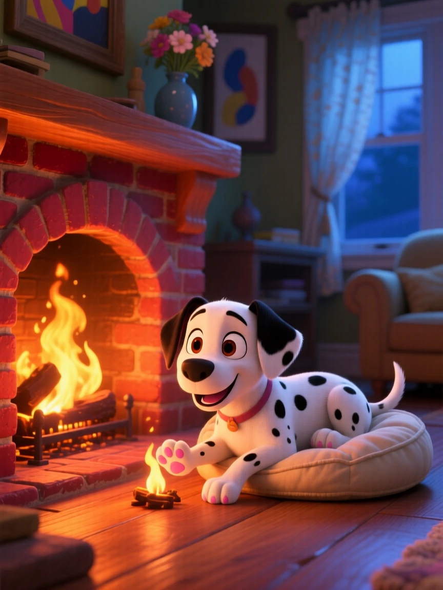 A spotted dalmatian puppy is curled up beside a crackling fireplace, reaching out a tiny paw. Playful joy radiates from the small creature, with soft shadows framing the scene.