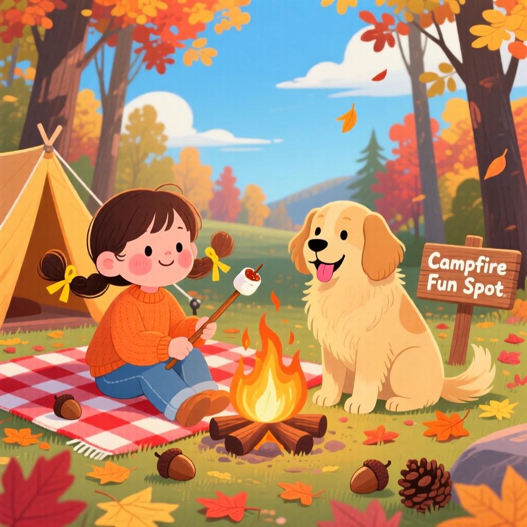 A small girl with pigtails spends the afternoon roasting marshmallows over a campfire with a beloved family dog, as autumn leaves swirl around them.