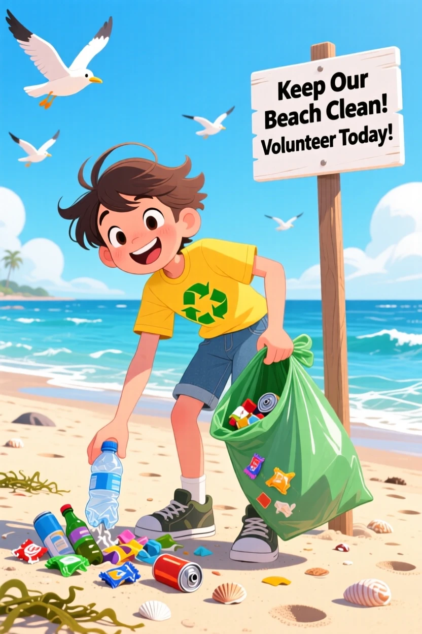 A young volunteer cleaning litter from a neighborhood beach.