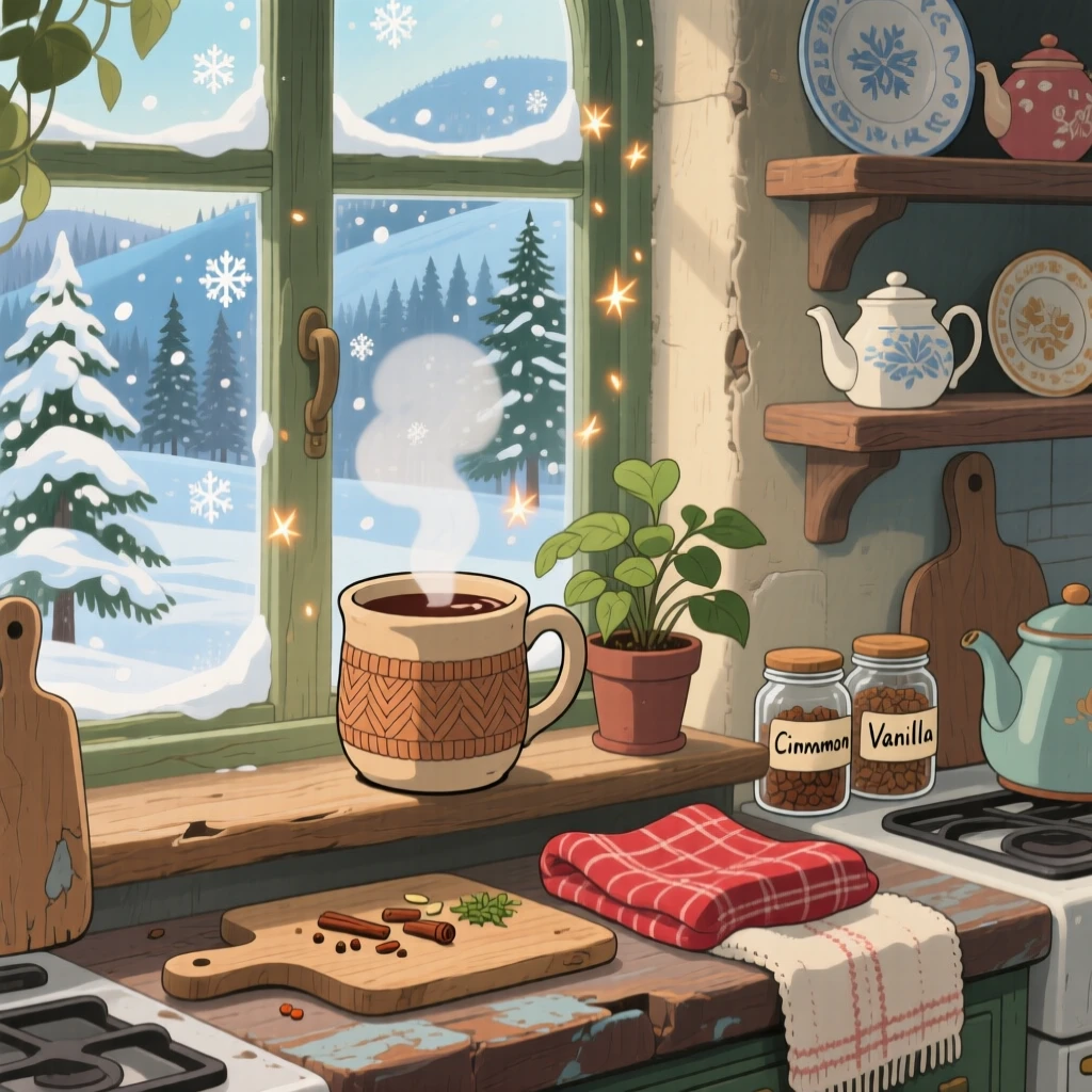 A warm, inviting scene of a hot chocolate mug steaming beside a snowy window, surrounded by the comforting clutter of a well-loved kitchen.