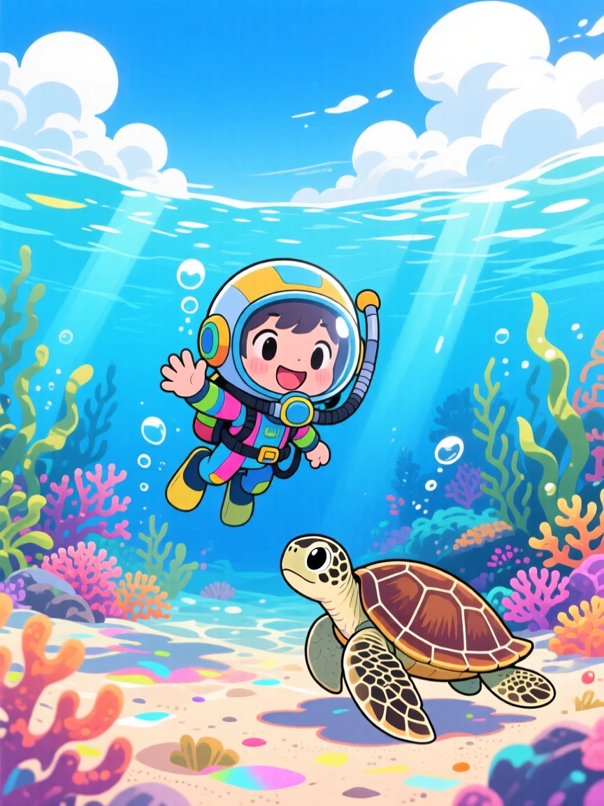 Over-the-shoulder view of a small diver, waving at a friendly sea turtle, in a sunlit tropical seabed, beneath fluffy drifting clouds, illuminated by neon-lit glow, radiating eager anticipation.