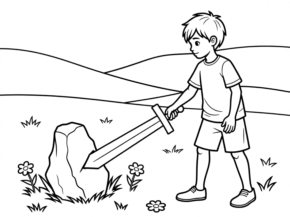 A young boy pulling a sword from a stone in a meadow