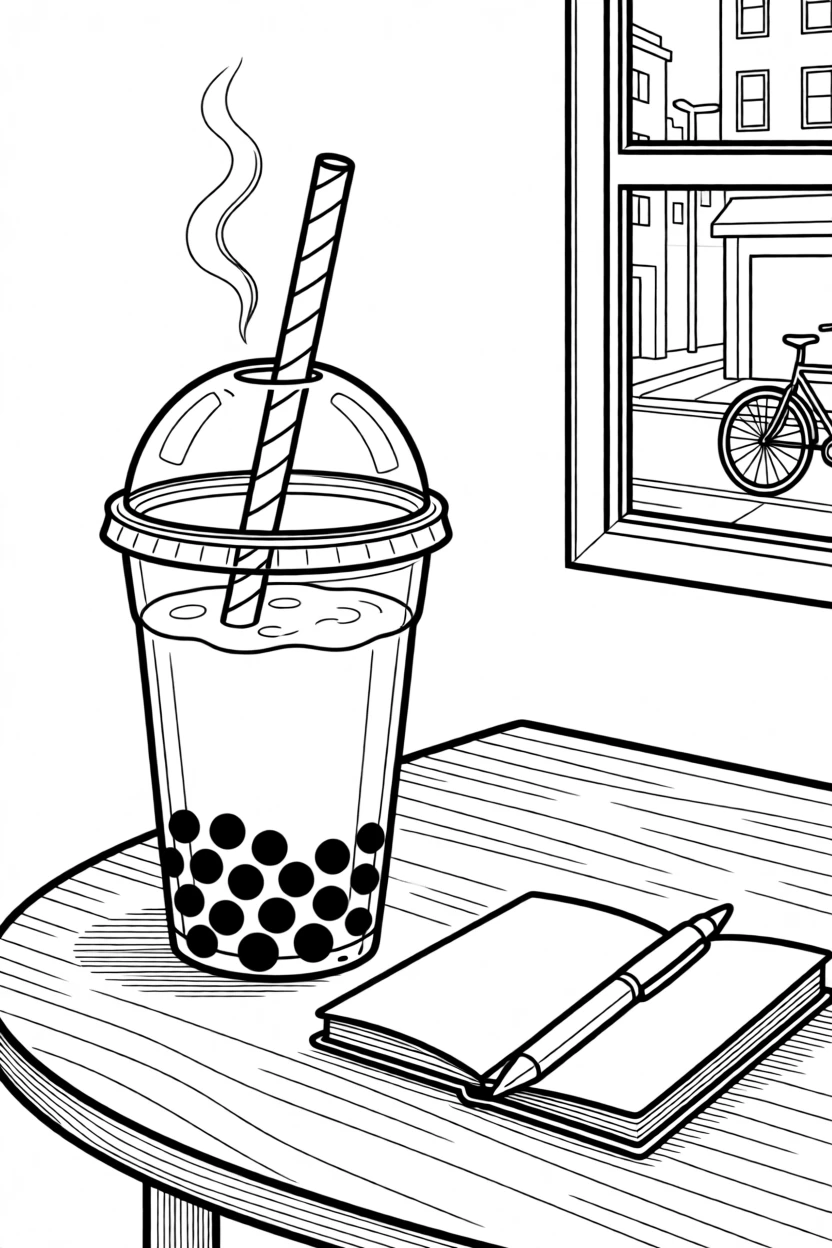 A boba tea with a striped straw and tapioca pearls, with steam rising gently into the air.