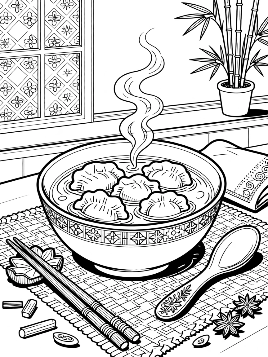 A cozy dumpling soup scene steaming beside chopsticks and a spoon.