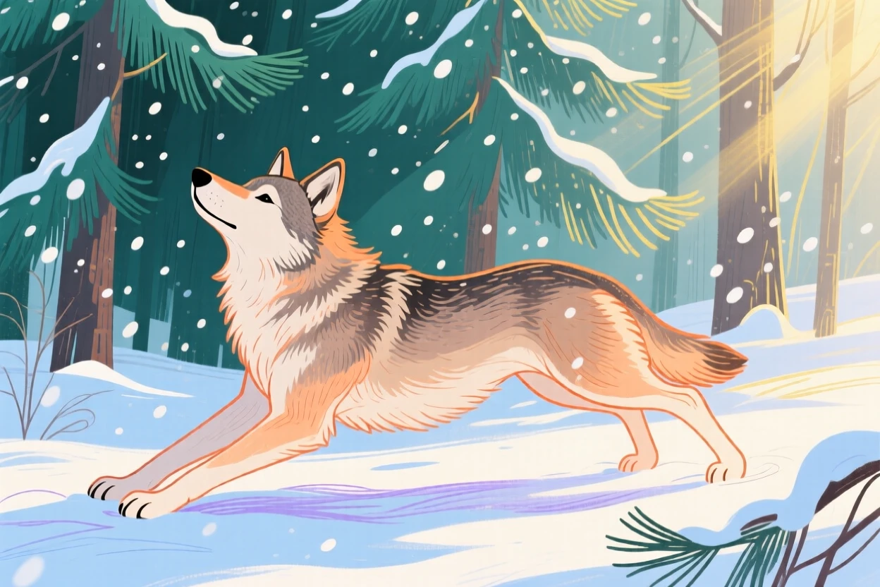A young wolf stretching in the morning light in a snowy pine forest during a light snowfall.