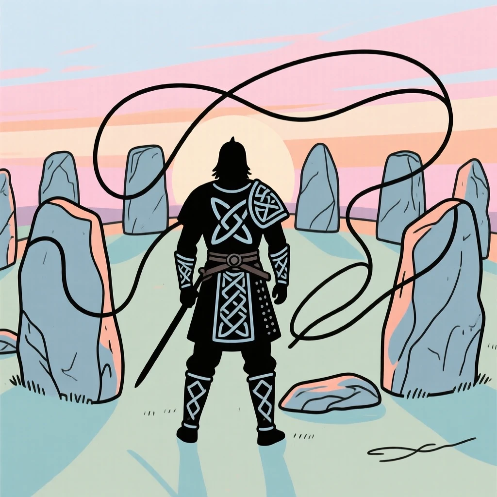 A Celtic warrior standing before an ancient stone circle at dawn.