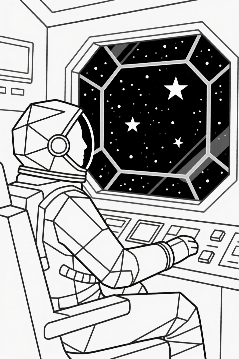 An astronaut inside a spacecraft cockpit gazing at stars