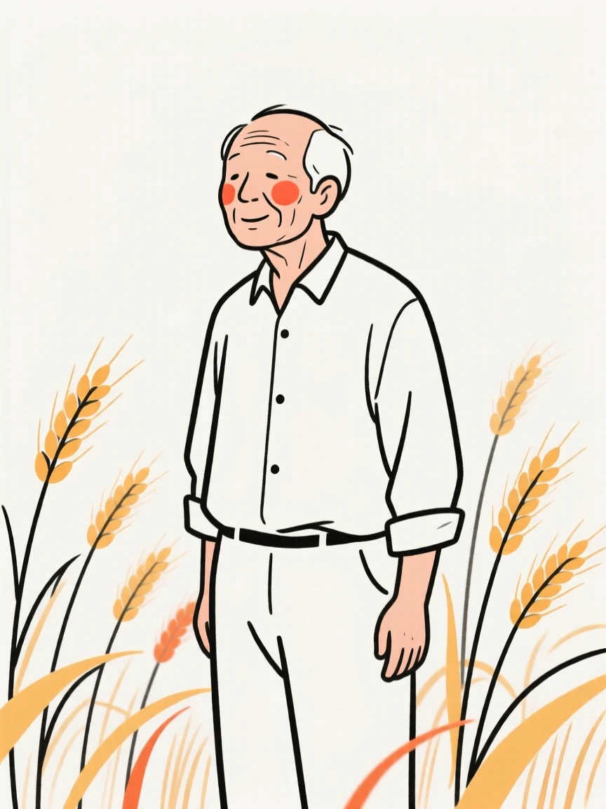 An older man enjoying a quiet moment of gratitude, in a wheat field at harvest.