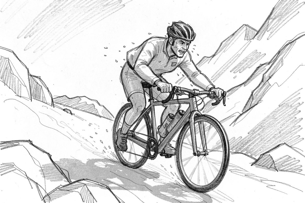 A cyclist racing down a mountain trail, atop a snowy mountain peak, with sweat and sunlight glistening together.