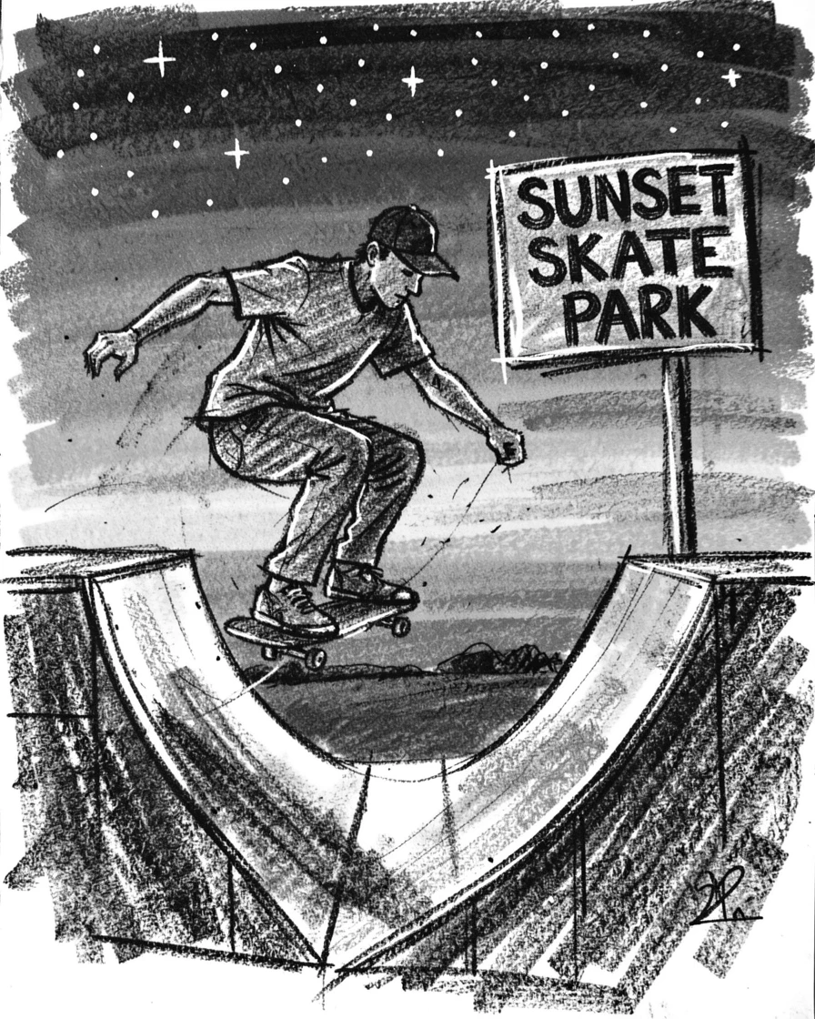 A skateboarder catching air at a sunset skate park, as the first stars appear overhead.
