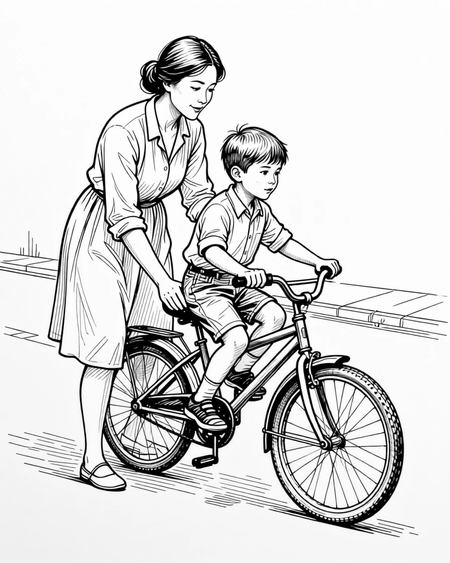 A woman teaching her son to ride a bicycle without training wheels.