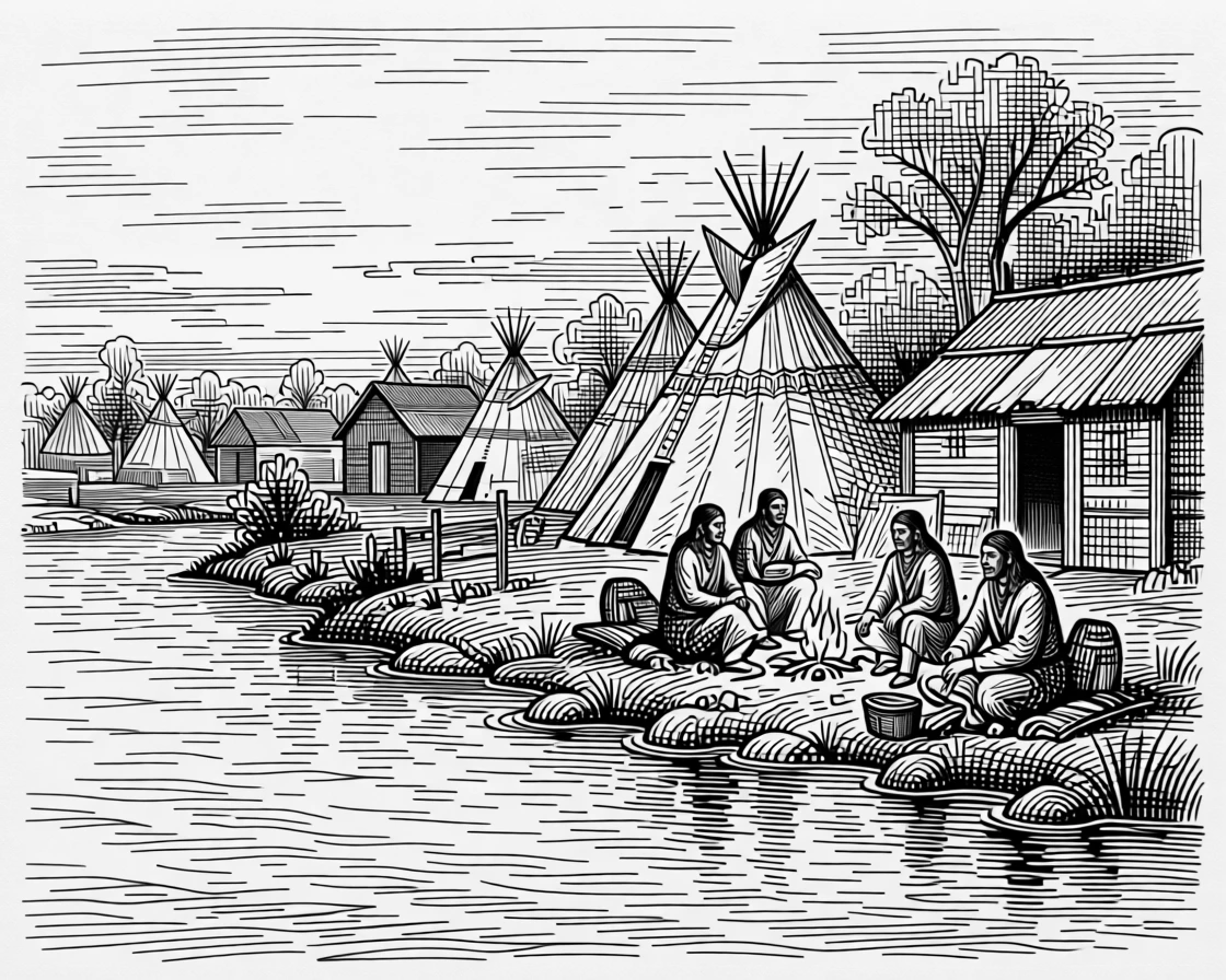 A native american village beside a river at dawn beneath a sky glowing with the colors of dusk, with the glow of firelight on weathered faces, portrayed in a rich with history historical scene.