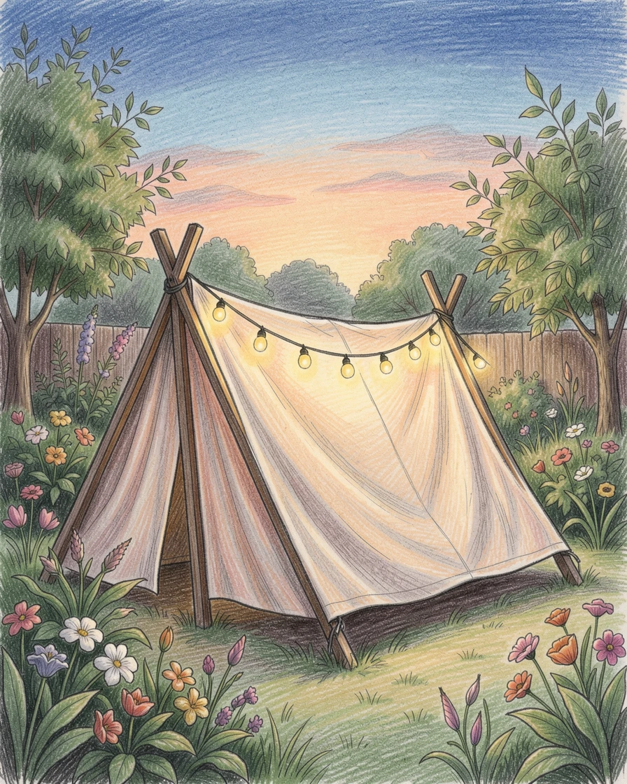 A cozy reading tent strung with fairy lights in a backyard garden, set against a softly lit, atmospheric backdrop, evoking warmth, beauty, and a lasting sense of wonder.