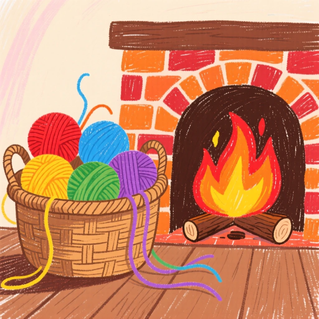 A knitting basket filled with colorful yarn beside a fireplace.