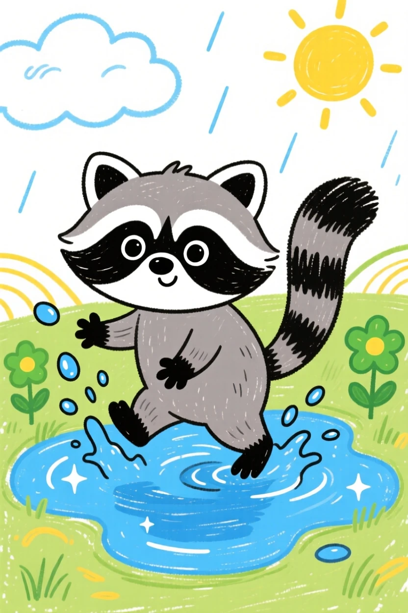 A curious raccoon kit splashing in a shallow puddle after rain.
