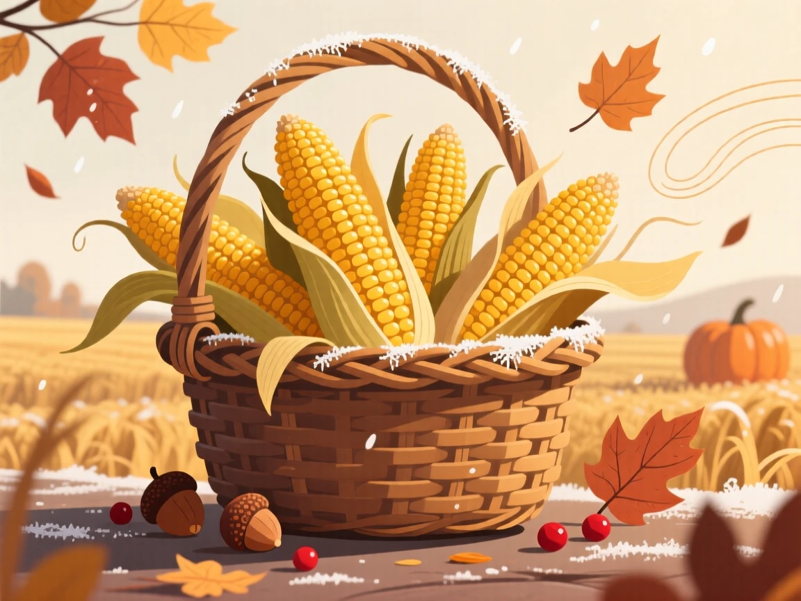 A basket of golden corn harvested at the peak of autumn, surrounded by gentle seasonal weather elements, composed with cozy, inviting seasonal warmth, with charming small details that evoke the season perfectly.