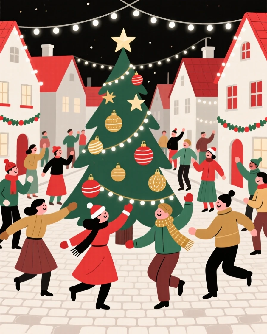 A Christmas celebration with dancing crowds filling a village street.