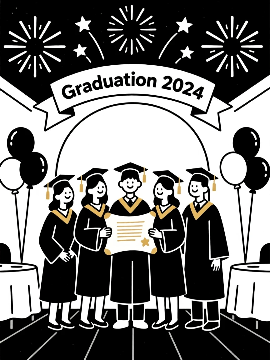 Friends gathered for a graduation ceremony in a decorated banquet hall, surrounded by bursts of fireworks, radiating festive excitement.