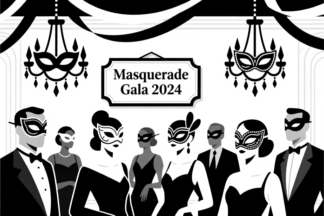 A costume party with elaborate masks and decorations.