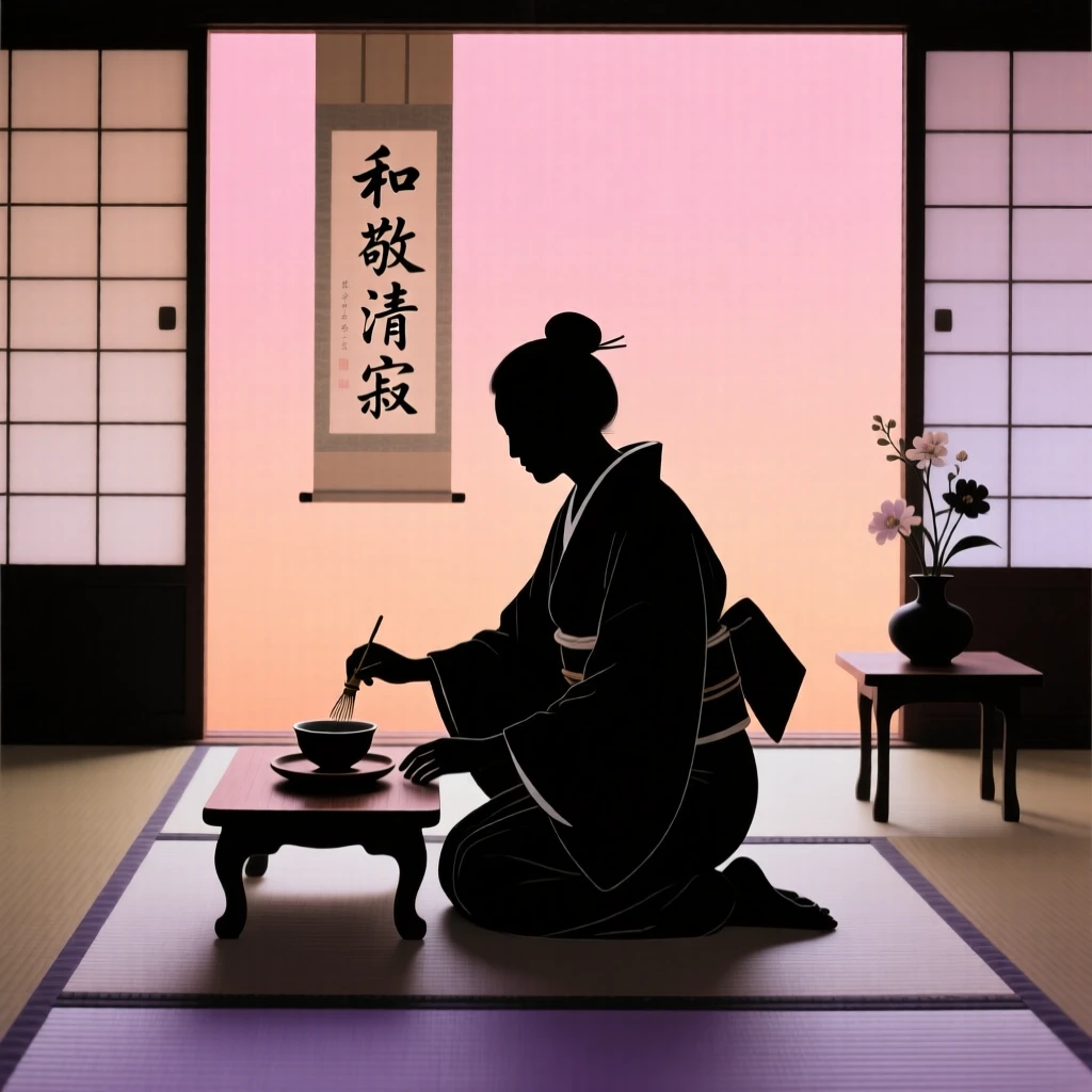 A traditional tea ceremony being performed in a quiet tatami room.