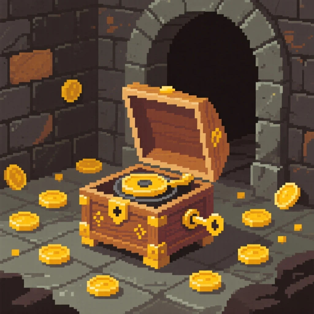 A music box that plays on its own surrounded by scattered gold coins, within an ancient hidden vault.