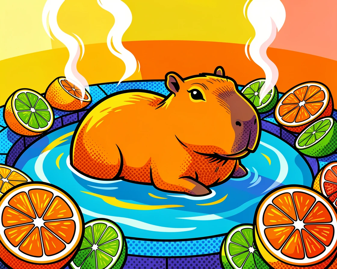 A capybara relaxing in a hot spring surrounded by citrus fruit