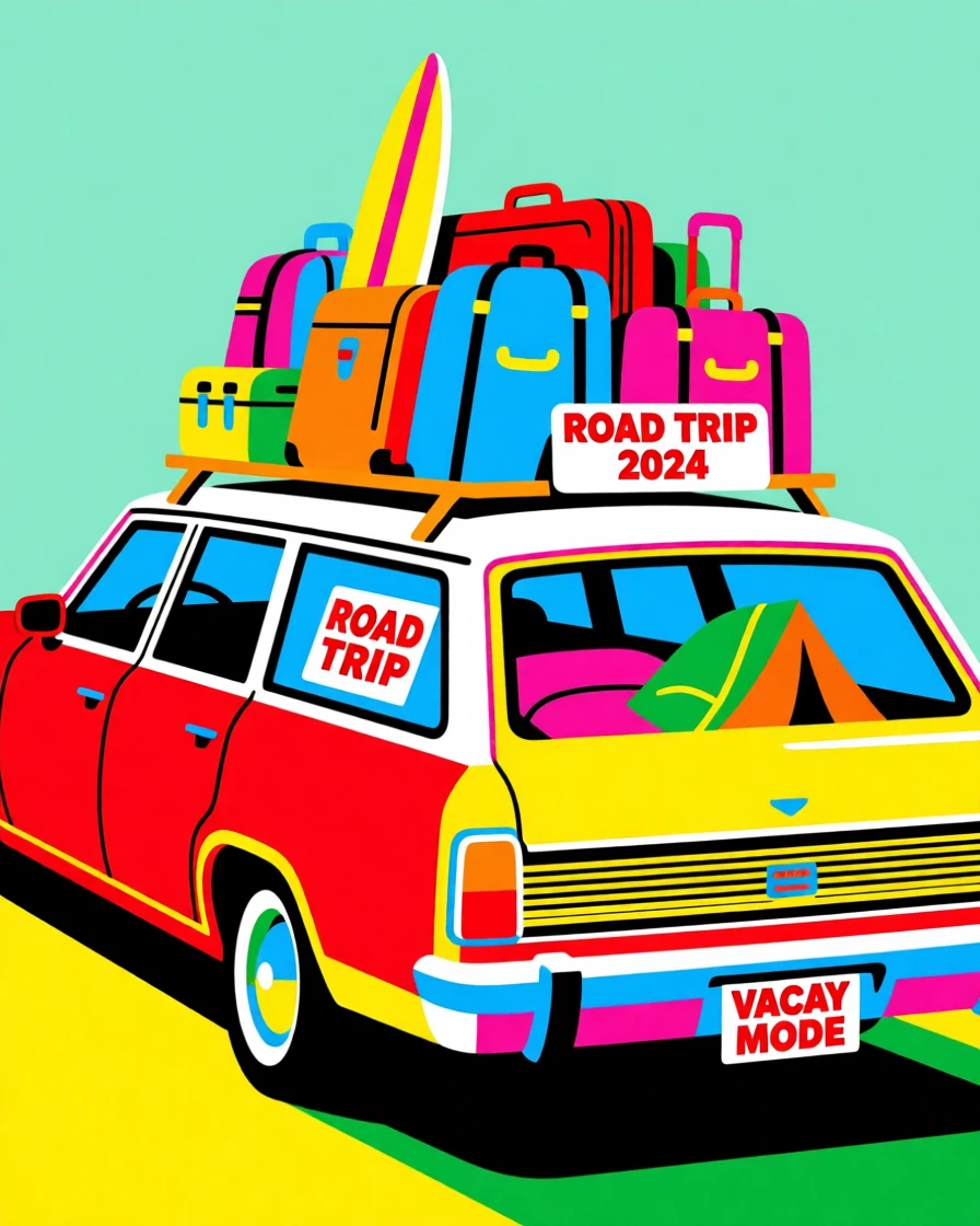 Vintage station wagon packed for a road trip