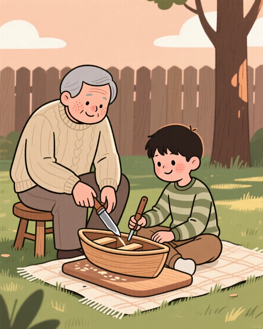 A grandparent shows a eager grandson how to carve a small wooden boat in the quiet backyard, both taking their time as the afternoon sun warms their shoulders.