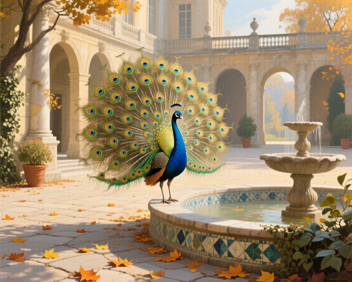 A grand panoramic scene of a peacock displaying its feathers in a sunlit palace courtyard, as autumn leaves turn gold, at midday.