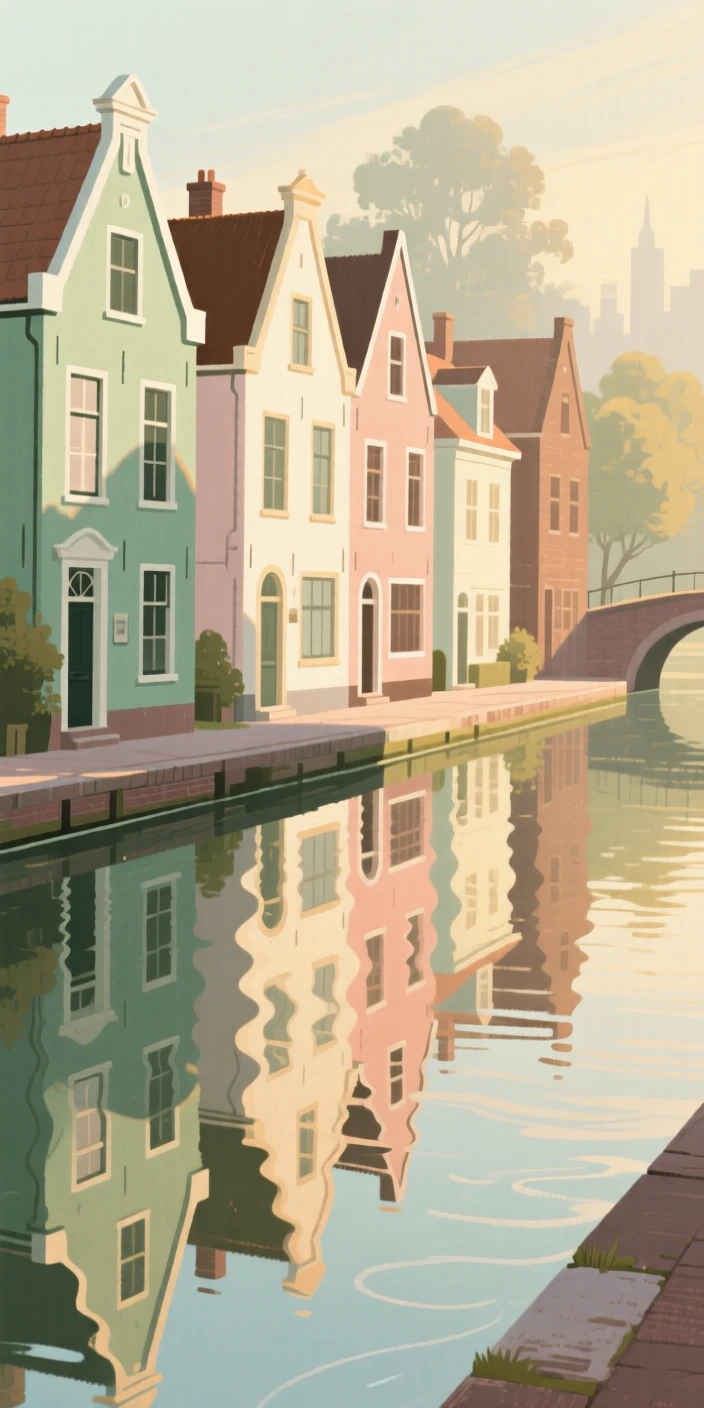 A canal-side row of gabled merchant houses reflected in still water