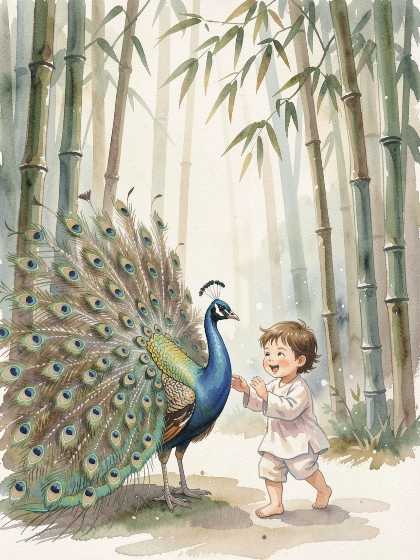 A peacock displaying its feathers in a peaceful bamboo forest playing with a small child nearby.