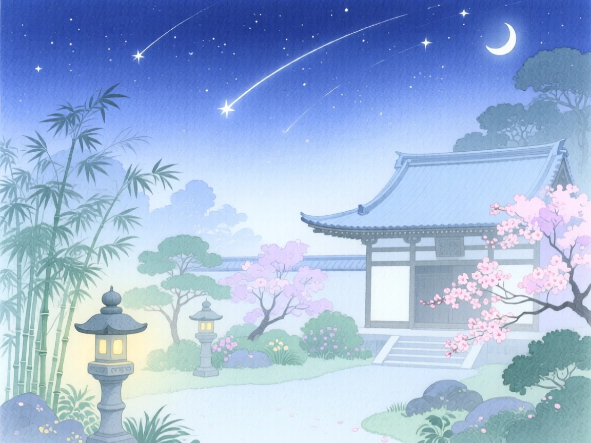 A dreamlike scene of a moonlit temple garden, beneath a sky filled with shooting stars, inviting quiet wonder and imagination