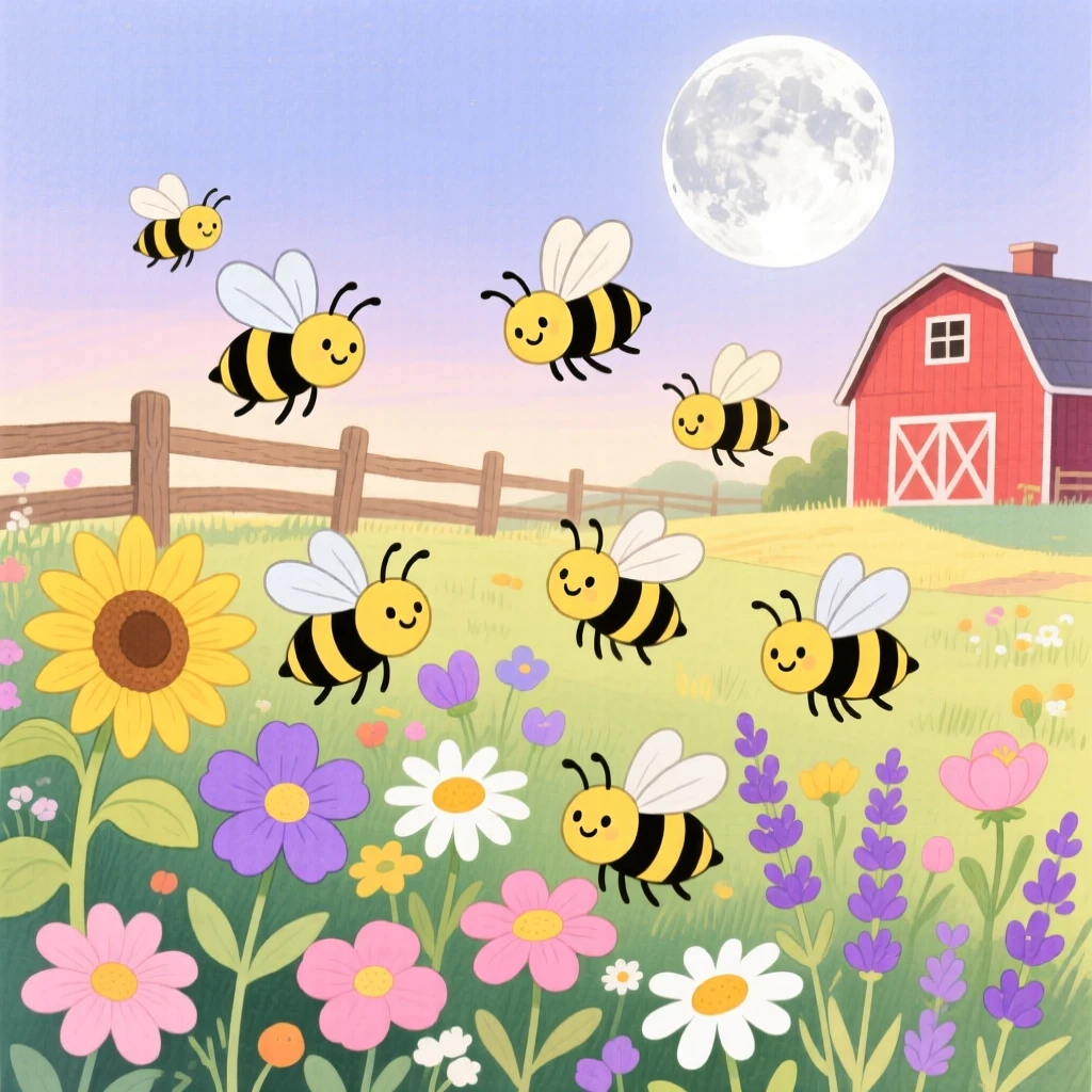 A group of bees visiting flowers exploring a sunlit farmyard under a full moon.