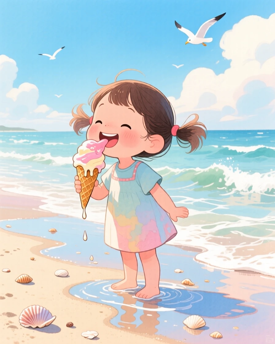 A little girl in pigtails licking an ice cream cone that's starting to melt, in a beach at low tide with gentle waves, showing the magic of a simple, joyful moment.