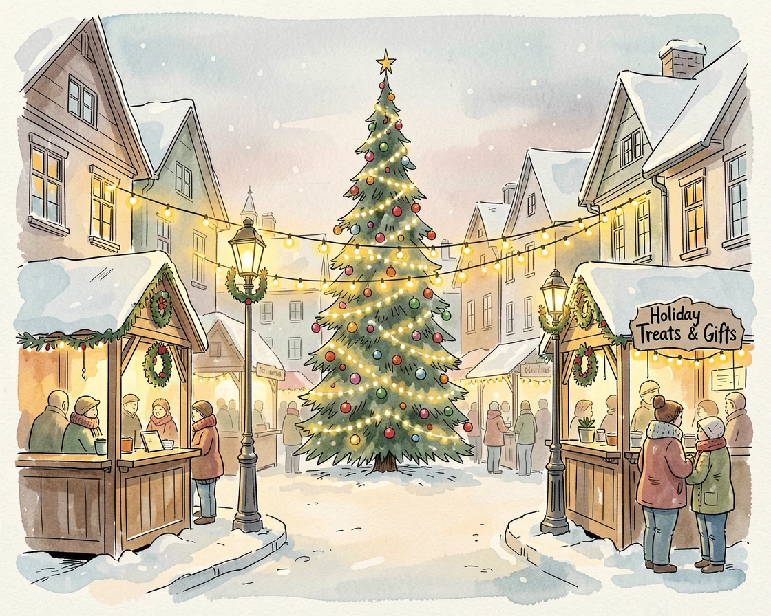 A snow-covered village square decorated with twinkling holiday lights, a festive warmth filling the entire scene.