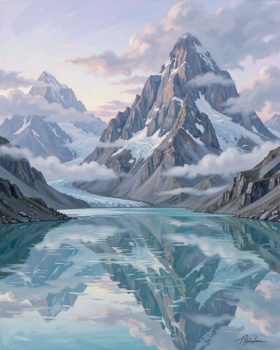 A chain of mist-wrapped summits, beside a turquoise glacial lake, wisps of cloud drifting silently through the passes, in the soft blue light just before dawn.