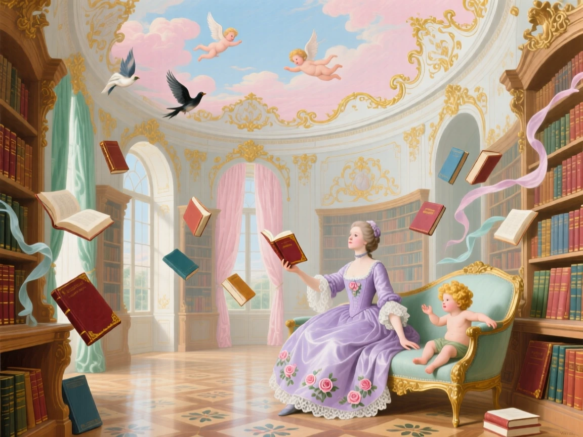 A palace library where books float like birds beneath a painted dome  