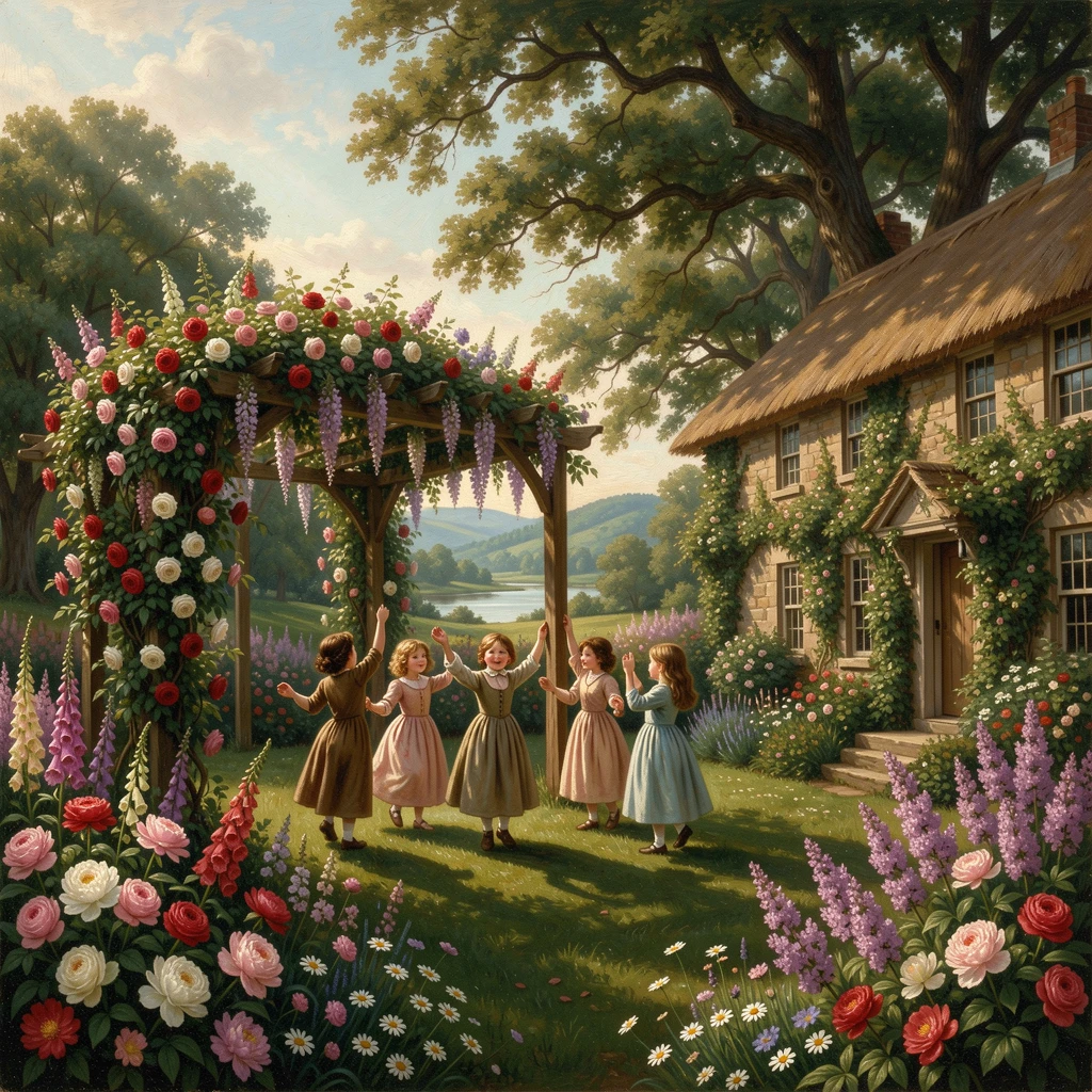 Children dance beneath the arbor of a cottage garden overflowing with color under a soft summer sun.