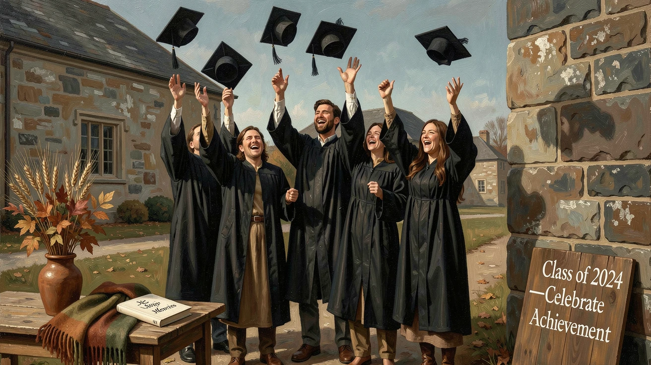 A festive graduation celebration with caps thrown joyfully into the air, with cozy, festive details adding charm to the setting, offering a joyful, memorable seasonal scene for any collection