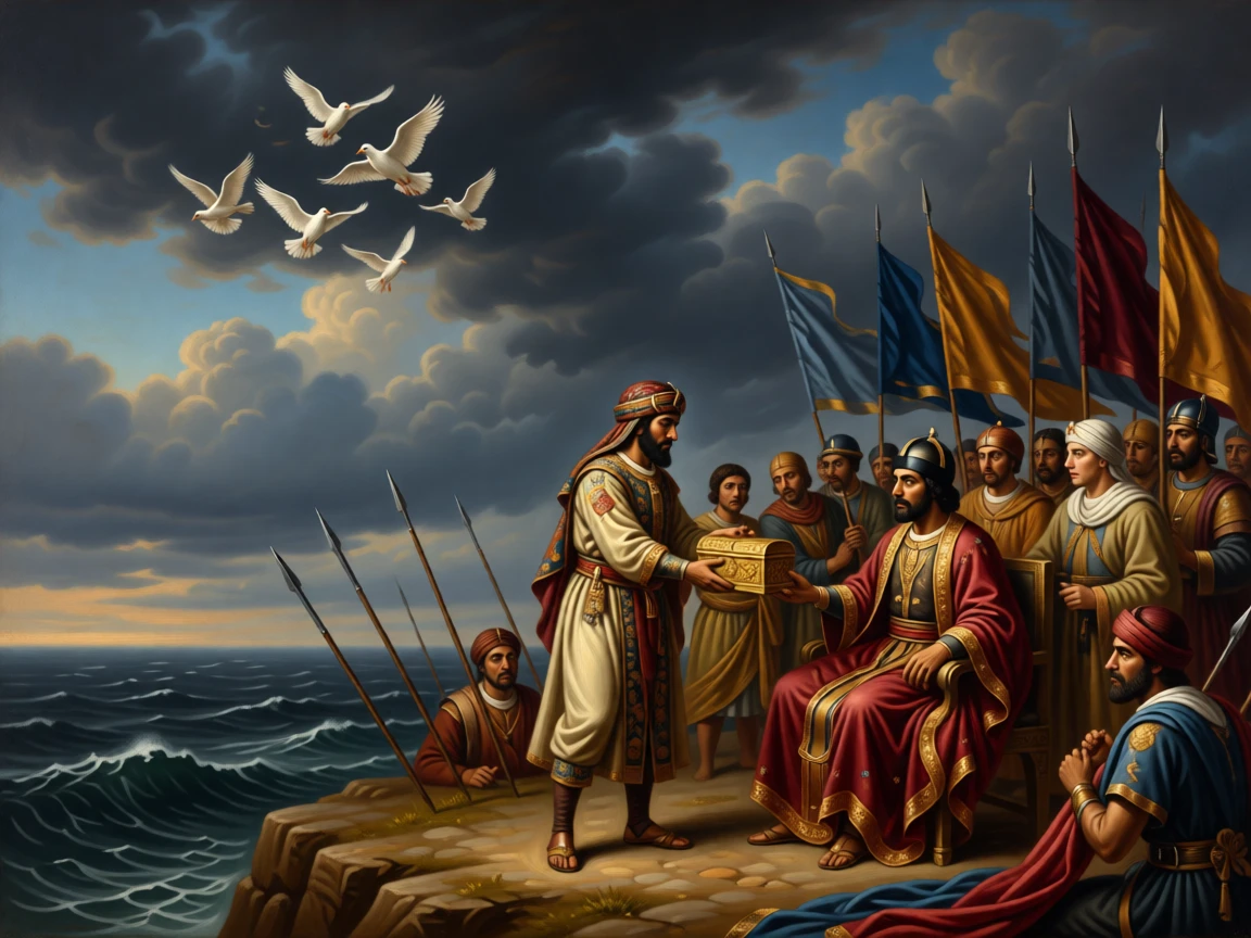 A Persian satrap presenting tribute to a seated emperor with every eye fixed on the unfolding drama, set atop a cliff overlooking a stormy sea, with a flock of startled doves scattering into the sky above; diagonal lines of spears and banners lead the eye to the central figure, radiating triumph tempered by solemn sacrifice.